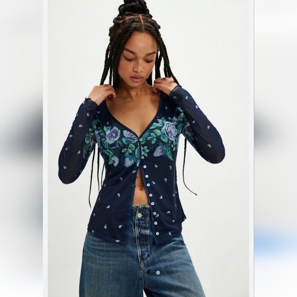 FREE PEOPLE Home Grown Vintage Vibe Mesh Floral Navy Combo Cardigan NWOT - Picture 2 of 13